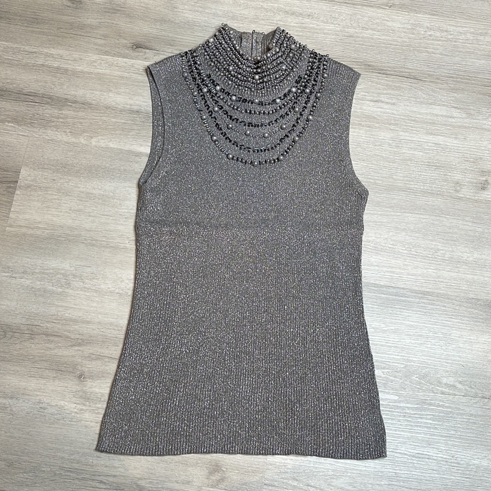 Grace Elements Silver Sparkle Silk Knit Blouse Beaded Trim Size Medium